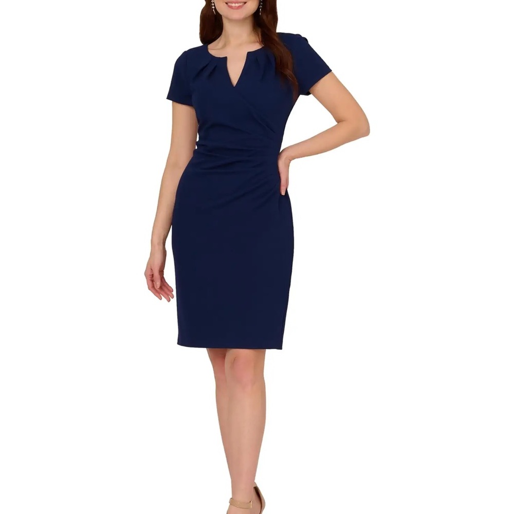 Adrianna Papell Navy Short-Sleeve Midi Satin Dress